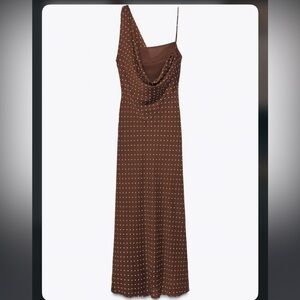 Zara Brown Draped Neck Polka Dot Maxi Dress